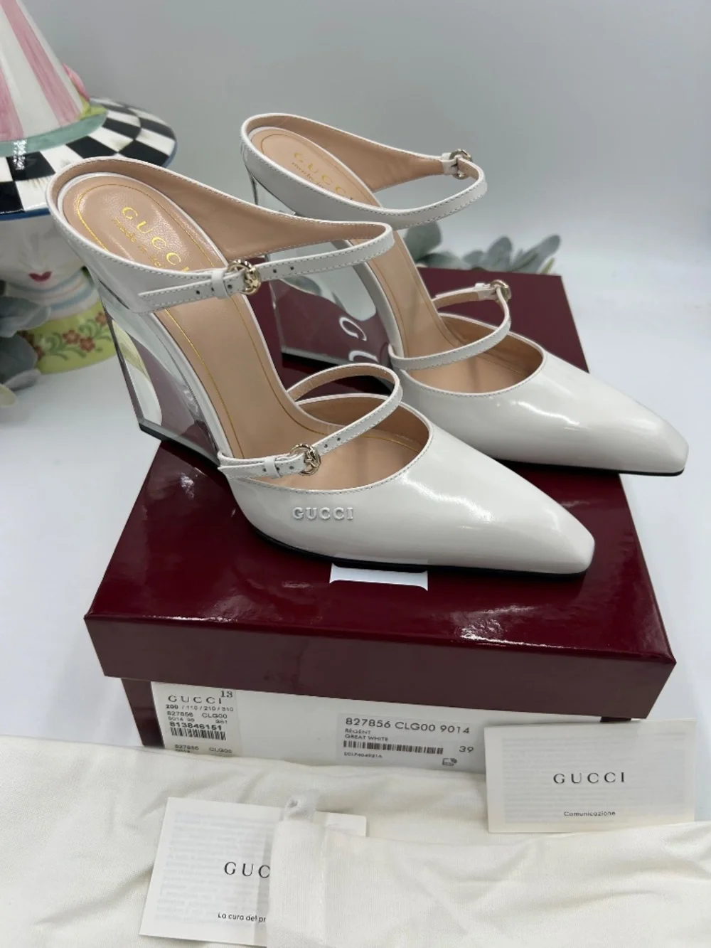 Women’s Gucci Christy Regent White Patent Leather Wedge Mules. Size 9.